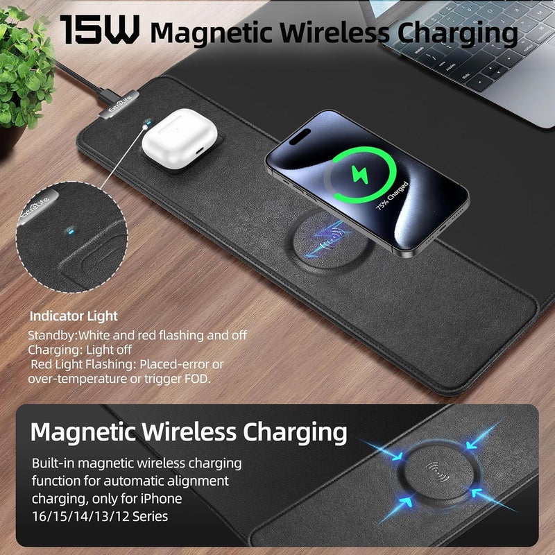 ExtreLife Mouse Pad with Wireless Charging, Gaming Mouse Pad with Ultra-Smooth Surface, Large XXL Desk Mat, Non-Slip Mouse Mat, Waterproof Computer Keyboard Pad for Gaming, Desk, Office, PC, 900x400x4MM, Black - Image 2